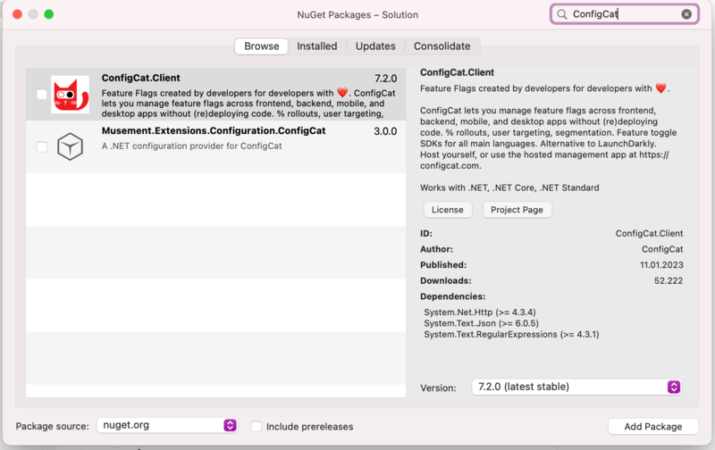 Adding the ConfigCat NuGet Package in Visual Studio