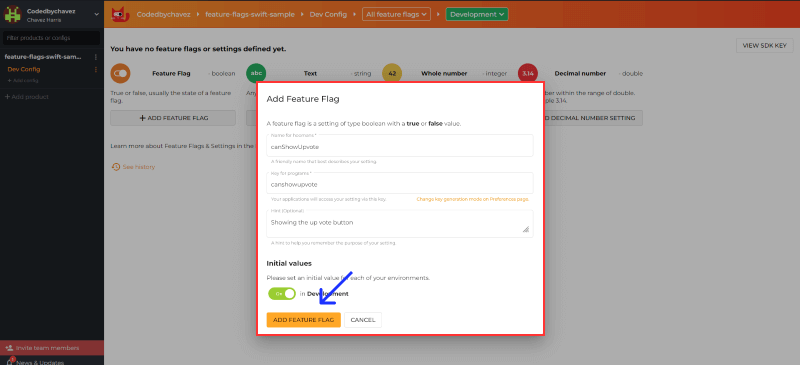 Screenshot of creating a feature flag