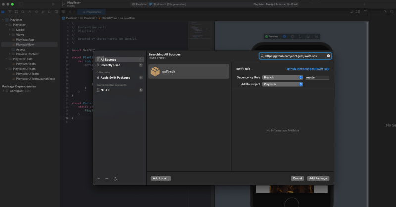 Screenshot of adding ConfigCat's Swift SDK package to the app