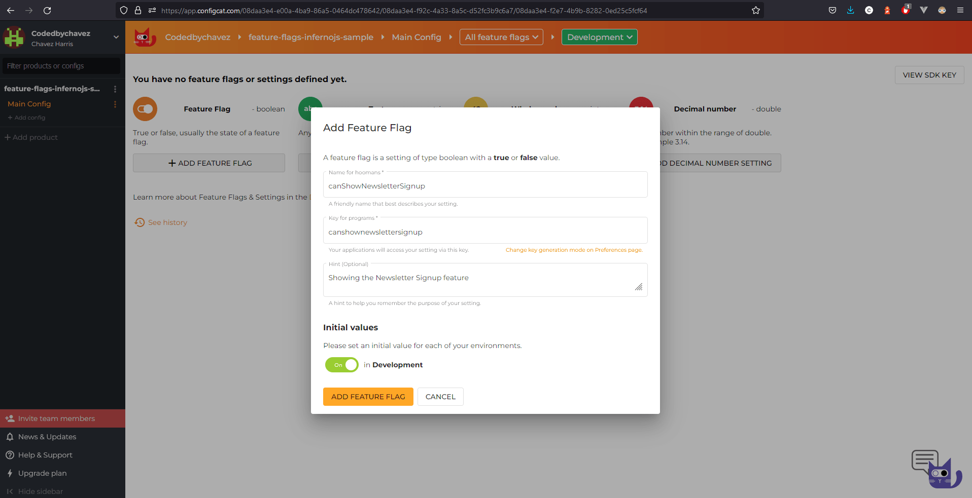 Screenshot of creating a feature flag