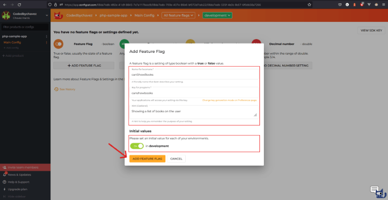 Snapshot of creating a feature flag