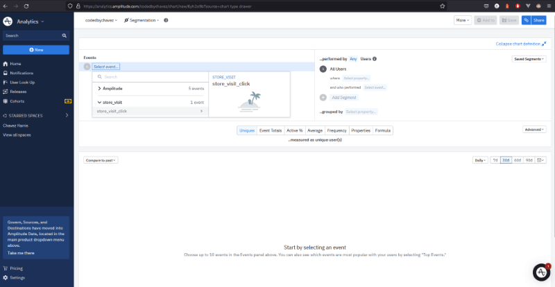 Snapshot of selecting an event for the analysis chart