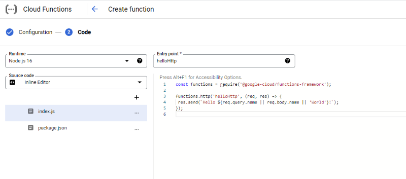 The newly created cloud function