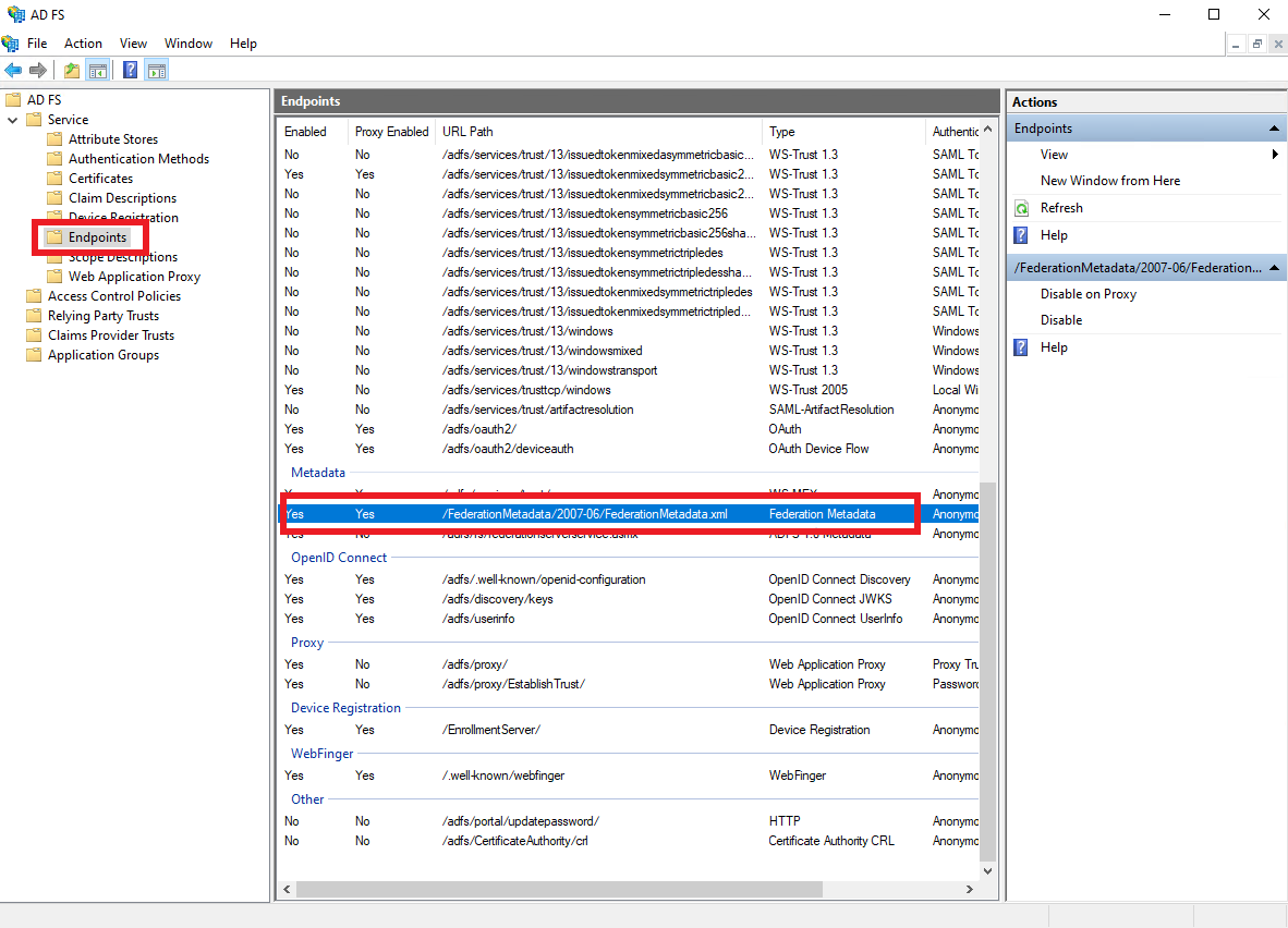 ADFS metadata url path
