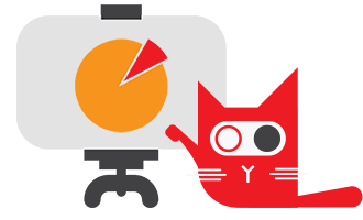 Cat pointing to a pie diagramm on a whiteboard.